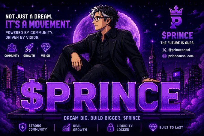 A promotional banner for the $PRINCE cryptocurrency featuring a man in a suit with sunglasses against a purple cityscape, with text reading 'NOT JUST A DREAM. IT'S A MOVEMENT. POWERED BY COMMUNITY. DRIVEN BY VISION' and listing features like 'STRONG COMMUNITY' and 'LIQUIDITY LOCKED'.