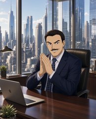 A mustachioed businessman in a dark suit sits at a wooden desk in a high-rise office with a laptop, set against a backdrop of a city skyline visible through floor-to-ceiling windows.