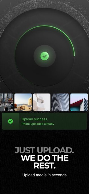 An app interface showing an upload success notification with a green checkmark and 'JUST UPLOAD. WE DO THE REST.' text, accompanied by thumbnails of uploaded photos.