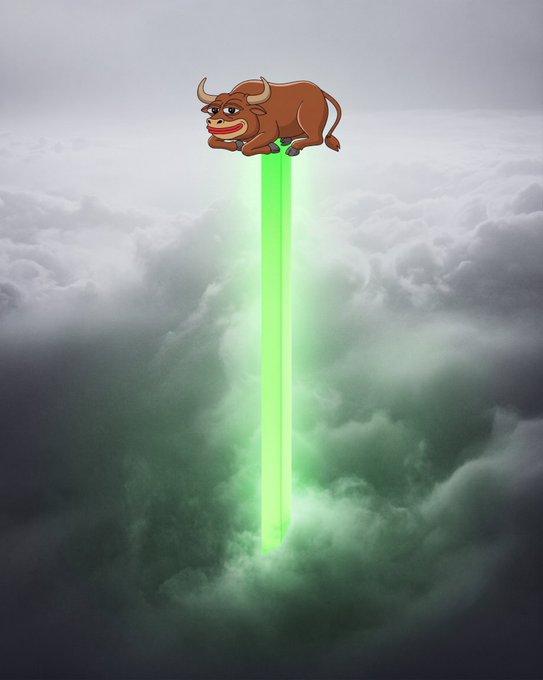 A cartoon bull character projects a powerful green beam down through dark clouds, symbolizing the creator's departure from the Ponke project after losing creative control and passion. The image visually represents the artist breaking away from the project, with the green beam cutting through the cloudy team dynamics to forge a new independent path.