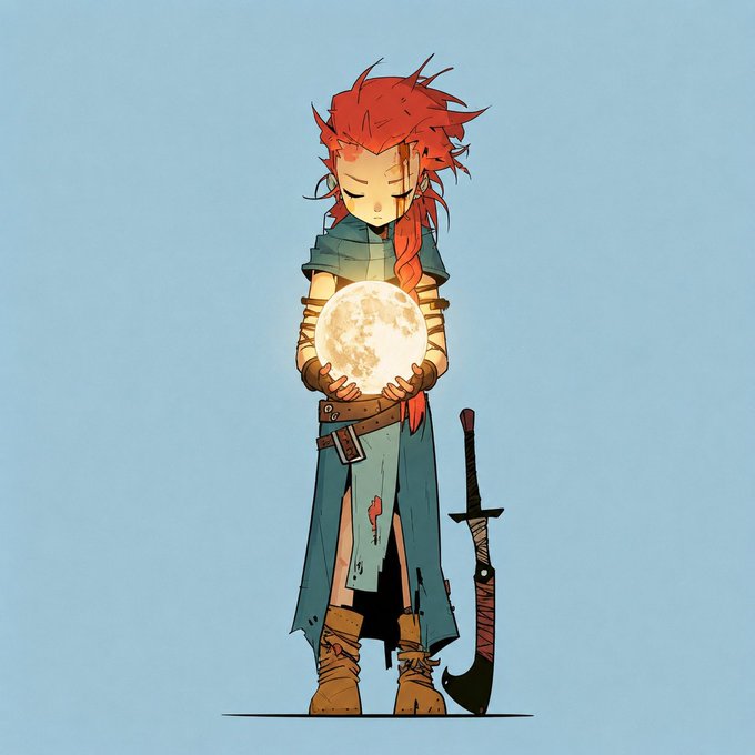 An anime-style illustration of a red-haired character in medieval-style clothing holding a glowing full moon, with a sword planted in the ground beside them.