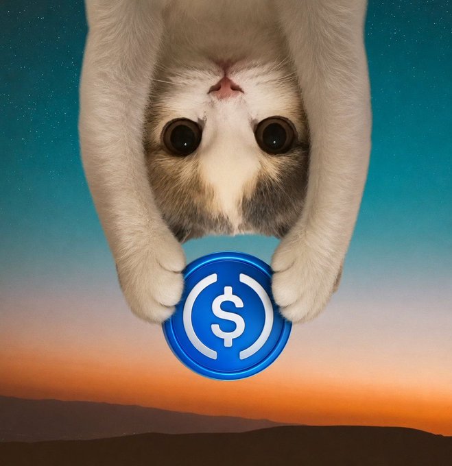 The image features a cat with its paws around a blue coin, which has a dollar sign symbol on it. The cat appears to be hanging upside down from above while holding onto the coin. The caption of the image includes the hashtag #UpSideD0wnCat and mentions that the post is about catching up on the flip side.