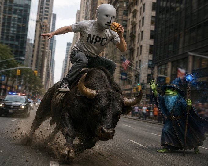 A surreal AI-generated image showing a figure with an 'NPC' shirt and a white mask riding a charging bull through a city street while eating a burger, accompanied by a green-skinned wizard with a glowing blue staff casting a spell.