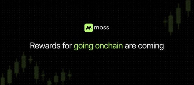 The image is a promotional graphic for Moss, featuring its green logo alongside the tagline "Rewards for going onchain are coming," with faint candlestick chart patterns in the background hinting at crypto trading. The visuals directly tie into the post's theme, illustrating Moss as the solution for ordinary users who want to capitalize on AI-driven onchain trading opportunities—like the Nof1 experiment—without needing to build their own AI trading bot.