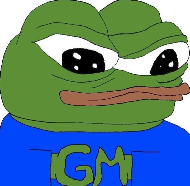 A close-up cartoon illustration of the Pepe the Frog meme character wearing a blue shirt with green 'GM' lettering.