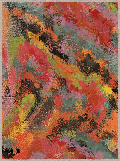 An abstract painting featuring vibrant splashes of red, orange, yellow, green, black, and purple colors on canvas.