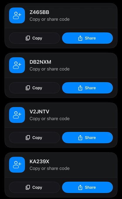 A dark-themed app interface displaying four referral codes (Z465BB, DB2NXM, V2JNTV, KA239X) with Copy and Share buttons.