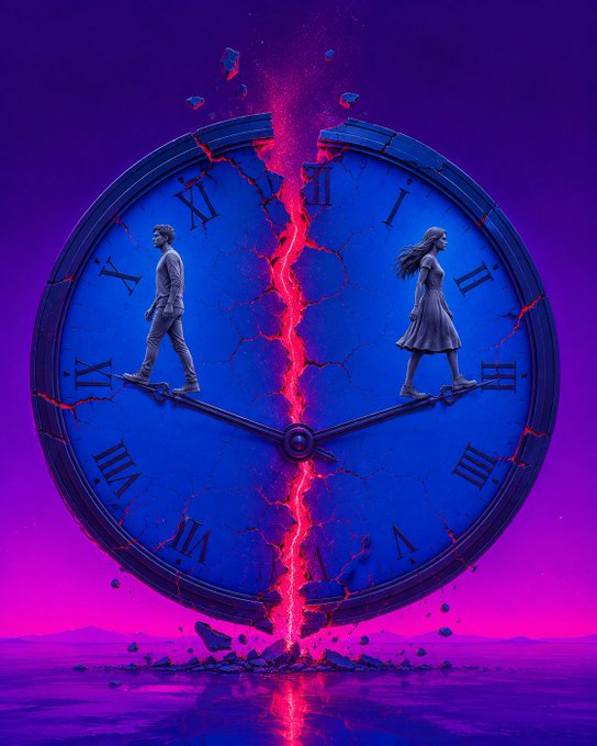 A surreal digital artwork depicting a massive cracked clock face split down the middle by a glowing red fissure, with a boy and girl walking on the clock hands against a vibrant purple and blue background.