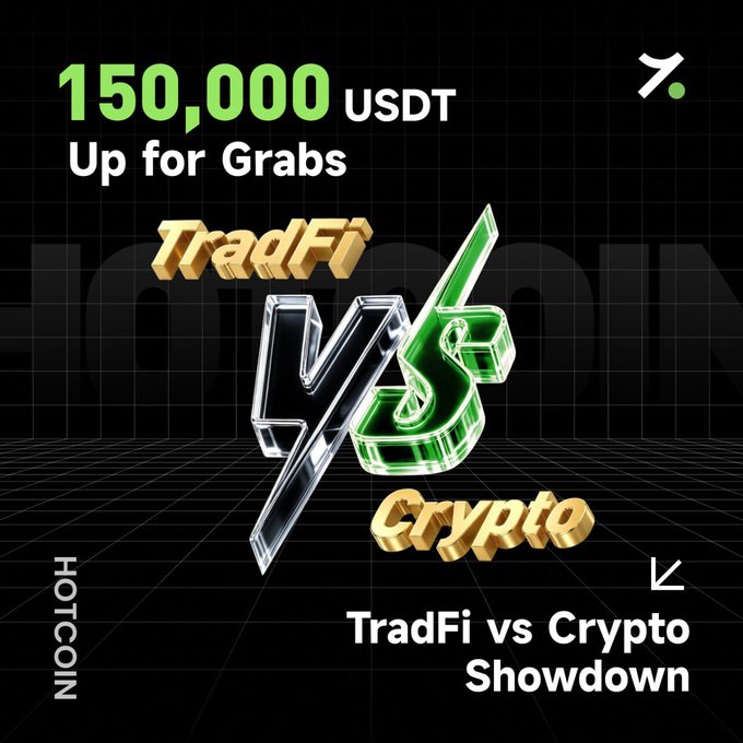 A promotional graphic for Hotcoin reads '150,000 USDT Up for Grabs' and 'TradFi vs Crypto Showdown,' featuring stylized 'TradFi vs Crypto' text against a dark grid background.