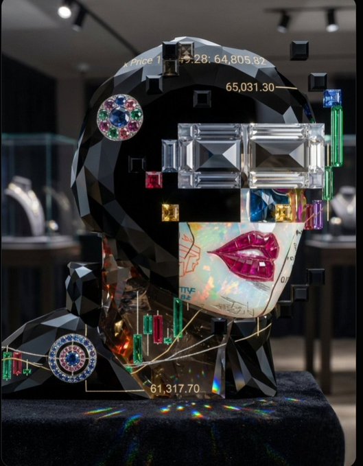 The image shows a sleek black faceted mannequin head displayed in what appears to be a jewelry showroom, adorned with floating gemstones, gold chains, and stock-market candlestick charts overlaid across the composition, with visible numbers like "65,031.30," "61,317.70," and partial text reading "Price" and "TVE"—evoking the lavish, volatile world of high-end trading. Surrounding the head are scattered emerald-cut diamonds, ruby lips, and a luxury watch, all suspended in a glossy, almost surreal arrangement that mirrors the post's theme of risky speculation. The juxtaposition of opulent wealth with hard financial data visually echoes the cautionary tale: just as this dazzling display looks valuable on the surface, a $1-capped P2P exchange can still attract overwhelming scrutiny, and investors must grapple with disputes and agent conflicts before diving in.