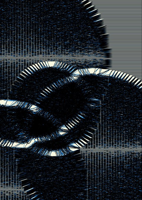 A generative art composition featuring dark, spiky, brushstroke-like textures forming an abstract figure-eight or infinity loop against a deep blue-black background with vertical streaked patterns. The glitchy, textured aesthetic aligns well with a "gm" crypto-themed post, serving as a moody, algorithmic visual companion.