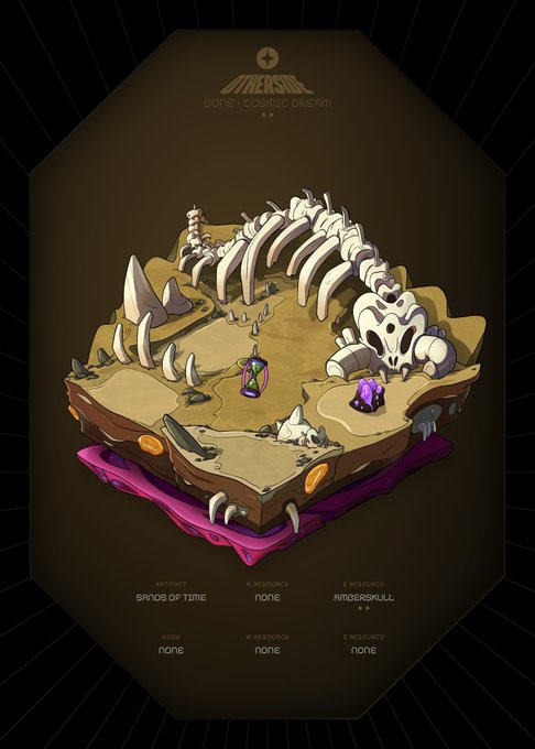 A digital collectible card titled "OMEGAL COSMIC DREAM" featuring a 3D isometric landscape with dinosaur bones, a skull cave, and a pink underside, with attributes labeled J Artifact "SANDS OF TIME", N Resource "none", and A Resource "AMBER SKULL".
