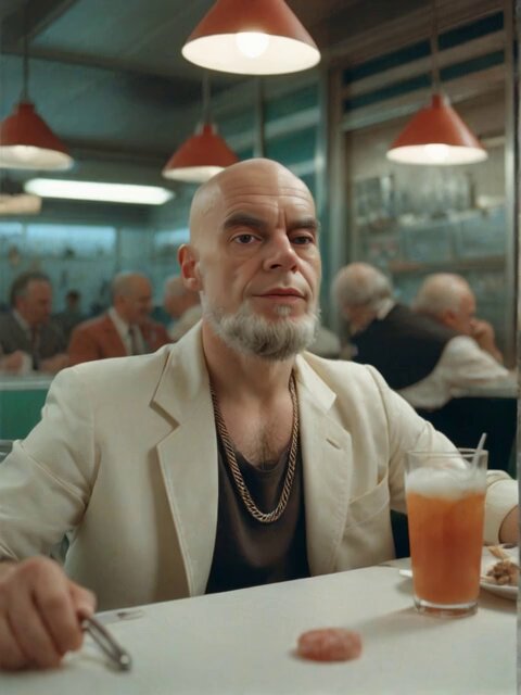 The image features a bald man with a beard sitting at a table in a restaurant or diner setting. He has his hand resting on the table while he looks directly into the camera. On the table, there are two drinks - one of them is an orange soda and the other appears to be a glass of water. The background reveals that this scene takes place inside a dining establishment with multiple people present in various positions around the room.