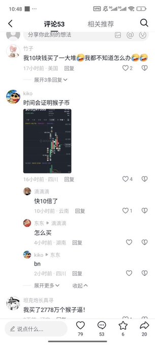 A Chinese social media comment section discussing monkey-themed cryptocurrencies, featuring user "kiko" sharing a candlestick chart under the comment "时间会证明猴子币" (Time will prove the monkey coin), with others expressing skepticism and boasting about buying millions of "猴子币" (monkey coins), reflecting the speculative frenzy mentioned in the post about non-crypto players entering the space.