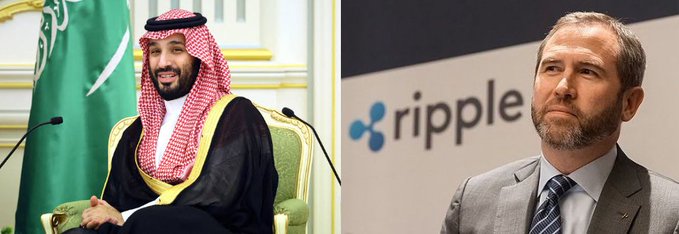 A side-by-side image featuring Saudi Crown Prince Mohammed bin Salman in traditional dress next to Ripple CEO Brad Garlinghouse in a suit.