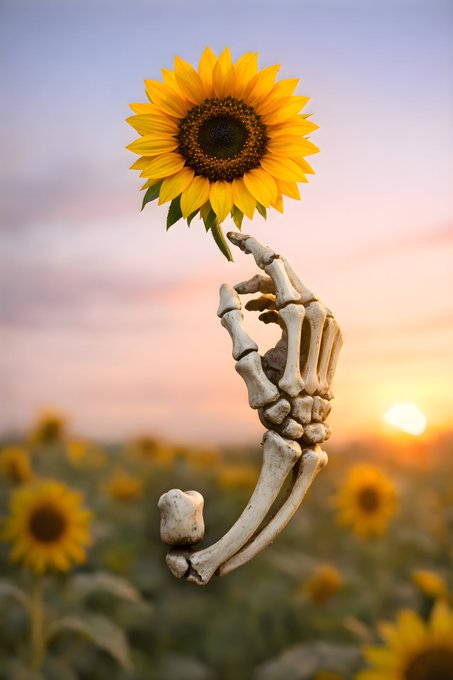 A surreal digital illustration of a skeletal hand reaching up from a field of sunflowers to hold a single sunflower bloom, set against a sunset sky.