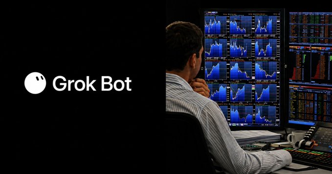 A man in a striped shirt sits in front of multiple monitors displaying financial charts and graphs, with the 'Grok Bot' logo and icon shown on the left side of the black background.