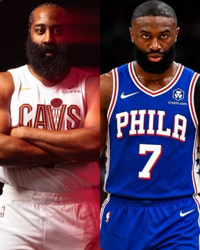 Split portrait of NBA players: LeBron James in a Cleveland Cavaliers jersey on the left and Joel Embiid in a Philadelphia 76ers “PHILA” number 7 jersey on the right.