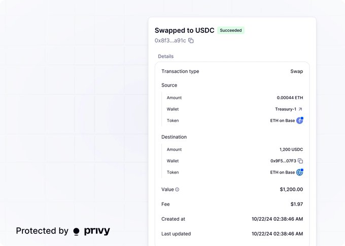 A transaction details screen shows a successful 'Swapped to USDC' conversion from 0.00044 ETH, with a fee of $1.97 and timestamp of 10/22/24.