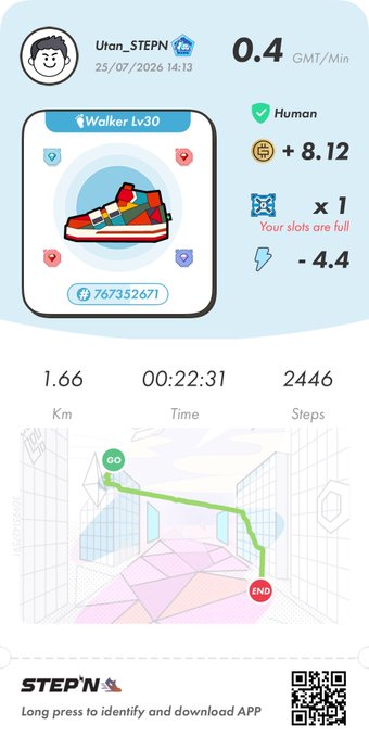 A STEPN app screenshot showing an 'Utan_STEPN' user with a Walker Lv 30 sneaker NFT, earning 0.4 GMT/Min, with 1.66 km walked in 00:22:31 and 2446 steps.
