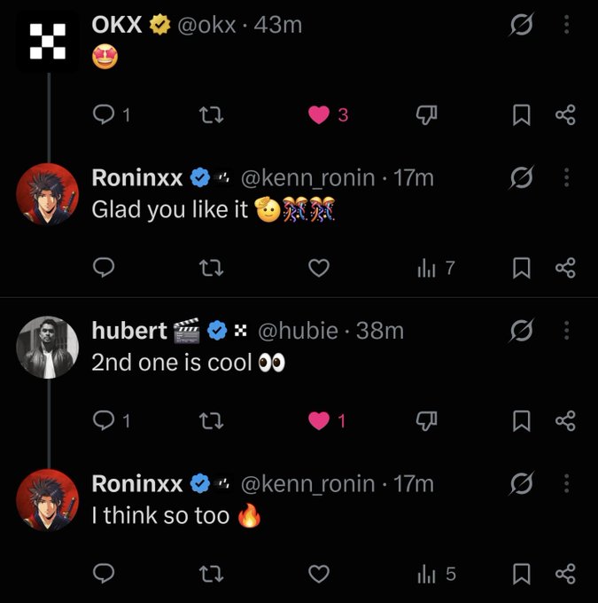 A screenshot of a Twitter thread shows OKX (@okx) responding with a heart-eyes emoji, followed by @kenn_ronin replying "Glad you like it 🥰🎉🎉�" to their feedback, and hubert (@hubie) commenting "2nd one is cool 👀" which @kenn_ronin agrees with saying "I think so too 🔥" — supporting the post's claim that OKX liked the content.