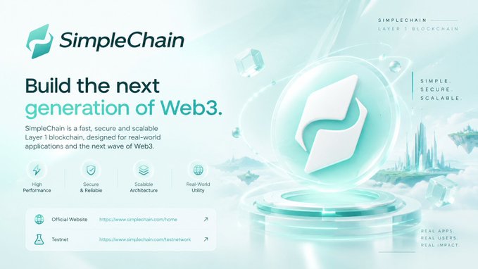 A promotional banner for SimpleChain, a Layer 1 blockchain, with the tagline 'Build the next generation of Web3' and features like High Performance, Secure & Reliable, Scalable Architecture, and Real-World Utility.