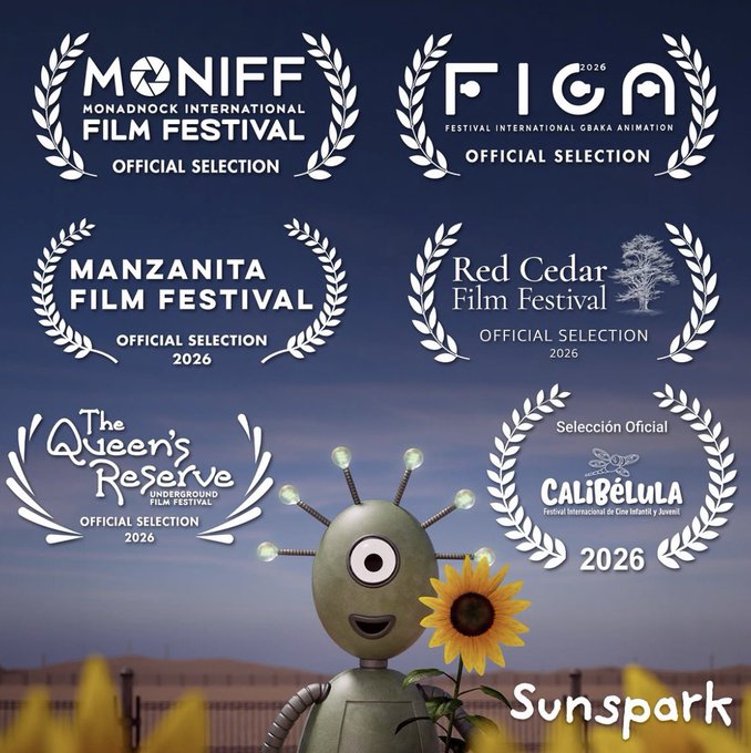 A 3D robot character holding a sunflower against a desert landscape with "Sunspark" in the bottom right, surrounded by six "Official Selection" laurels from MONIFF (Monadnock International Film Festival), FIGA (Festival International Gbak Animation), Manzanita Film Festival, Red Cedar Film Festival (2026), The Queen's Reserve Underground Film Festival (2026), and CALIBÉLULA (2026). The image illustrates the post's message about the animated short "Sunspark" being selected for six international film festivals across the U.S., Africa, and South America.