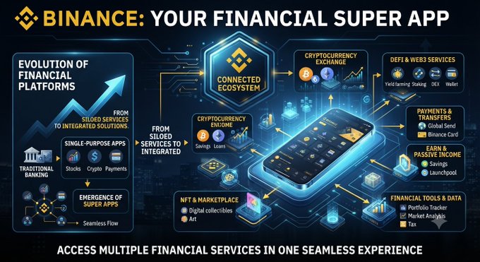 The image is a promotional infographic for Binance, titled "BINANCE: YOUR FINANCIAL SUPER APP," illustrating the "Evolution of Financial Platforms" from traditional banking to integrated super apps. It features a central smartphone surrounded by a "Connected Ecosystem" of services including Cryptocurrency Exchange, DeFi & Web3 Services, Payments & Transfers, Savings & Loans, NFTs & Marketplace, and Financial Tools & Data, with the tagline "Access Multiple Financial Services in One Seamless Experience." The graphic directly supports the post's message by visualizing how Binance consolidates trading, spending, and earning capabilities into a single unified app, eliminating the need to juggle multiple financial platforms.