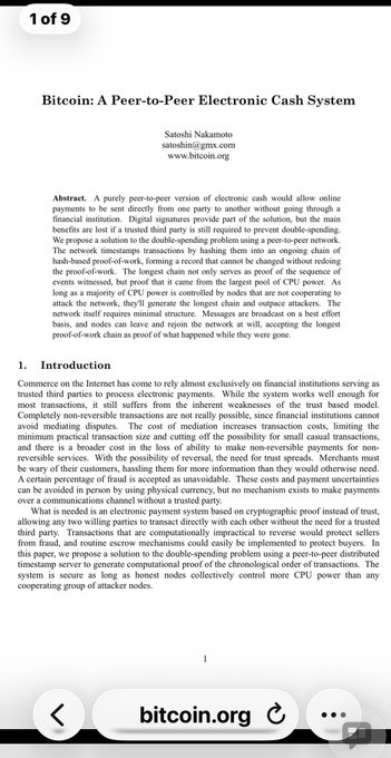The first page of the Bitcoin whitepaper titled 'Bitcoin: A Peer-to-Peer Electronic Cash System' by Satoshi Nakamoto.