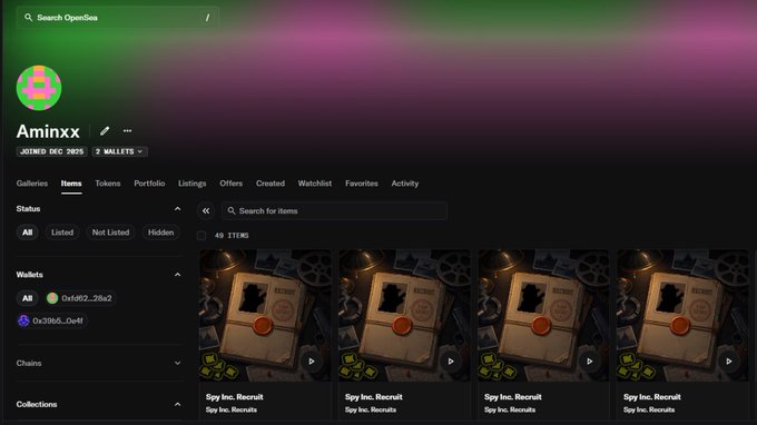 The image shows an OpenSea profile page for user "Aminxx," joined December 2025, holding 2 wallets, displaying a collection of 45 NFT items titled "Spy Inc. Recruit" featuring similar artwork of a sealed envelope or book with a wax seal against a dark background, which directly relates to the post discussing minting progress for the Spy Inc. Game and beginning gameplay with 4 newly minted Spy characters to test strategies.