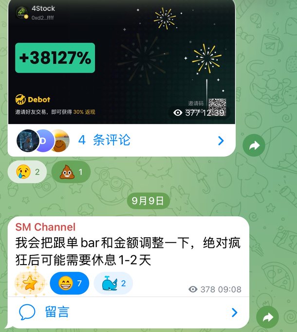 A screenshot of a Chinese Telegram chat group titled "4Stock" (0xd2...ffff) shows a celebratory post displaying a massive +38127% gain alongside a "Debot" referral code "3771233" with a 30% rebate offer, and a user's "SM Channel" message from September 9th at 09:08 stating they will adjust their margin and position size ("跟单 bar 和金额调整一下"), warning that after a "frenzy" ("疯狂") they may need 1-2 days to rest, accumulating 7 smiley and 2 whale reactions among 378 views—this directly illustrates the post's mention of a "refractory period after the frenzy," capturing the moment of extreme euphoria (+38127%) followed by the trader's caution about cooling down before potentially DCA-ing into larger coins if tops fail to hold.
