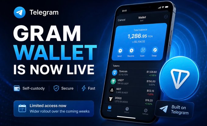 A Telegram advertisement announces 'GRAM WALLET IS NOW LIVE', showcasing a smartphone displaying a crypto wallet balance of 1,286.95 TON and various tokens including Toncoin and USDT.