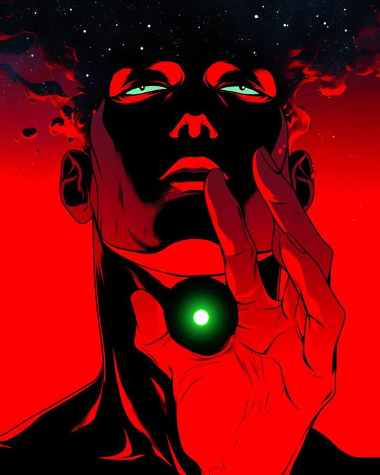 A stylized digital illustration of a man bathed in red light with green glowing eyes, holding a glowing green orb to his chest as dark cosmic energy rises from his head.
