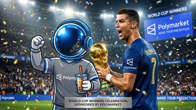 The image features a cartoon character dressed as an astronaut holding a trophy, surrounded by confetti. The text "World Cup Winners" is also present in the image. The caption below the image reads, "Hey @Polymarket, the World Cup hype is real, but it's incomplete without the ultimate king of football We need an official @cristiano x Polymarket campaign for the tournament. Until then, I am personally funding the CR7 support markets with absolute conviction!".