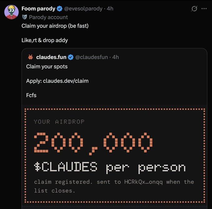 A parody tweet from @evesolparody mocking airdrop scams, quoting a post from @claudes.fun offering '200,000 $CLAUDES per person' and encouraging users to like, retweet, and tag others.