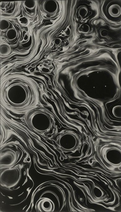 An abstract black and white pattern resembles swirling liquid with various circular, eye-like shapes dispersed throughout.
