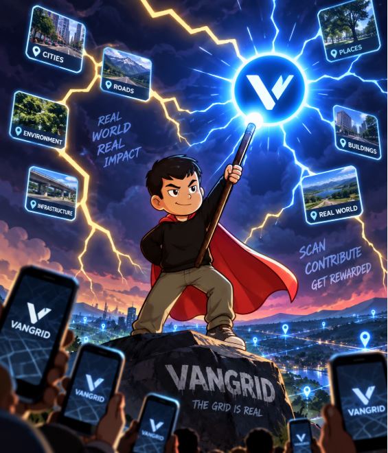 A young cartoon figure in a red cape stands triumphantly atop a rock labeled "VANGRID - THE GRID IS REAL," pointing toward a glowing logo surrounded by category tiles like "CITIES," "ROADS," "PLACES," and "ENVIRONMENT." Below, a crowd holds up smartphones displaying the VanGrid app, with side text reading "REAL WORLD REAL IMPACT" and "SCAN CONTRIBUTE GET REWARDED." The superhero imagery visually reinforces the post's message that everyday users can become data-contributing "heroes" just by scanning their surroundings with the VanGrid app already on their phones.