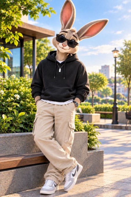 An anthropomorphic rabbit character wearing black sunglasses, a black hoodie, beige cargo pants, and white Nike sneakers leans against a stone ledge in a sunny urban park setting.
