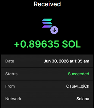 Transaction receipt showing a successful receipt of +0.89635 SOL on the Solana network from address CT6M...qiCk on June 30, 2026, confirming payment for the 2.24M $TPI token purchase.