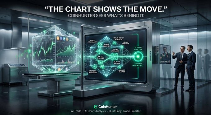 A futuristic trading floor features holographic charts and a large central display showing interconnected analytics labeled with terms like "SMART MONEY INFLUENCE," "WHALE ACCUMULATION," "WALLET CLUSTERS," and "AI TRADE SIGNALS," while two men in suits examine the data. The tagline reads "THE CHART SHOWS THE MOVE. COINHUNTER SEES WHAT'S BEHIND IT," reinforcing the post's message about uncovering the underlying market drivers behind the visible price action.