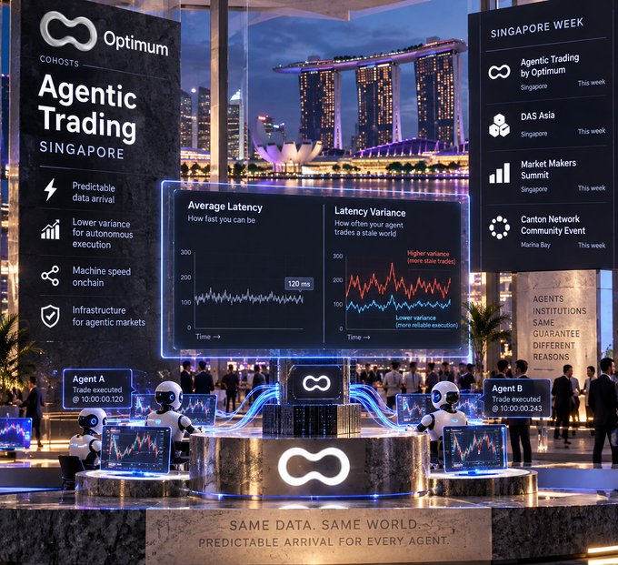A promotional image for 'Optimum Cohorts Agentic Trading Singapore' showing robotics-themed UI elements, graphs of Average Latency and Latency Variance, and a Singapore skyline backdrop, listing events like 'Agentic Trading by Optimum' and 'Canton Network Community Event'.