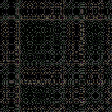 A dark, symmetrical decorative pattern featuring intricate orange and purple interlocking oval and diamond shapes on a black background.