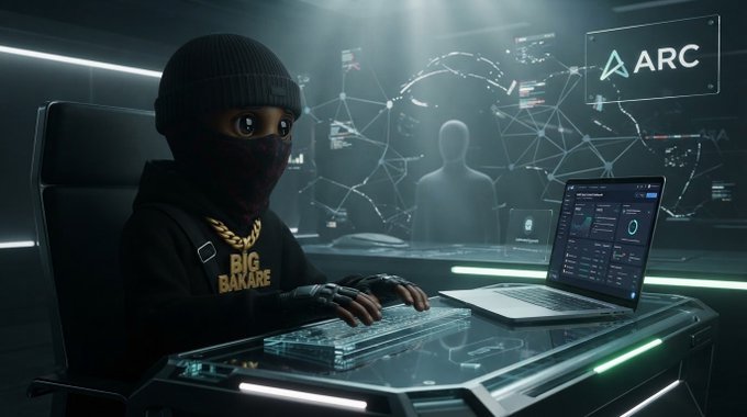 A stylized figure in a black ski mask and beanie, wearing a gold chain that says "BIG BAKARE", sits at a futuristic desk with a laptop displaying data and a glowing "ARC" logo in the background. The image depicts the feeling of being on the receiving end of an unpaid debt in the decentralized finance world, aligning with the post's narrative of the "Wild West" of Web3 employment.