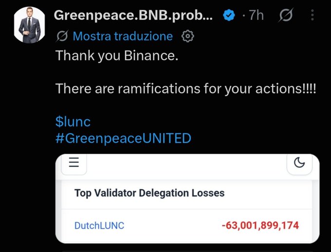 A screenshot of a tweet from "Greenpeace.BNB.prob..." thanking Binance and warning of "ramifications," with an attached image showing "Top Validator Delegation Losses" for "DutchLUNC" at -63,001,899,174 $lunc, reinforcing the post's mockery of the Greenpeace group and highlighting massive LUNC validator losses.