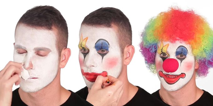 A three-panel tutorial showing the process of applying clown makeup, starting with a white base, then adding colorful facial features, and finishing with a rainbow clown wig.