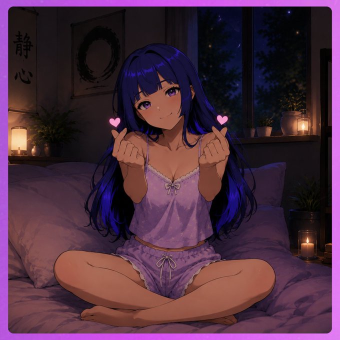 An anime-style illustration of a girl with long blue hair in a purple nightgown sitting cross-legged on a bed, making finger hearts.
