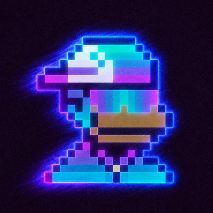 A pixelated character with a glowing blue outline sits cross-legged against a dark background, rendered in vibrant neon colors. The image serves as a profile picture or avatar associated with the Phantom wallet, given the x.com/phantom status link.