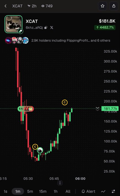 A crypto chart for token XCAT showing a price of $181.8K with a 4482.7% increase, displayed on a dark background with green and red candlesticks.