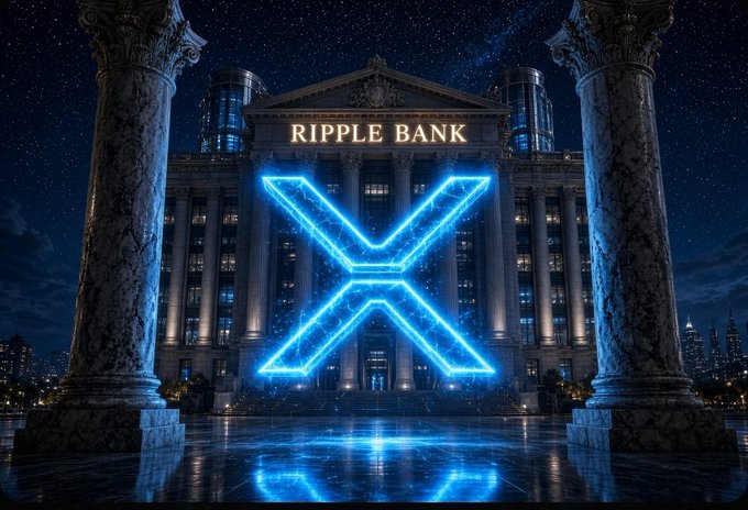 A grand neoclassical building labeled "RIPPLE BANK" is illuminated at night, with a massive glowing blue XRP logo projected onto its façade between marble columns. The image visually reinforces the post's message that XRP's journey has been a deliberate, years-long preparation leading to the inevitability of regulatory clarity.