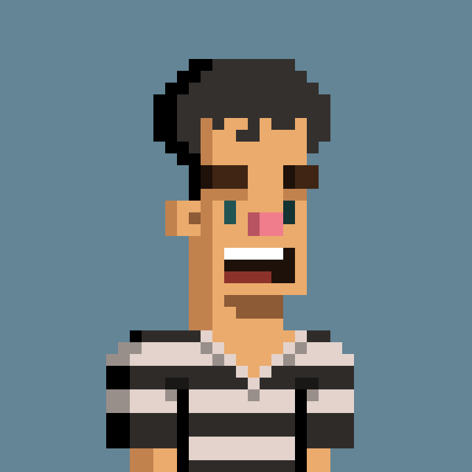 Pixel art character illustration of a person with dark hair wearing a black and white striped prison uniform against a teal background.